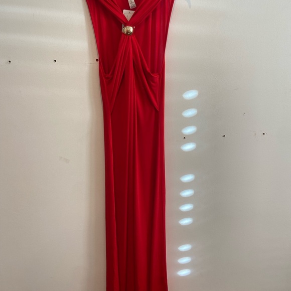 NWT Elegant Red Halter Dress with Gold Detailing - Luxury Occassion Maxi Dress - Picture 7 of 10